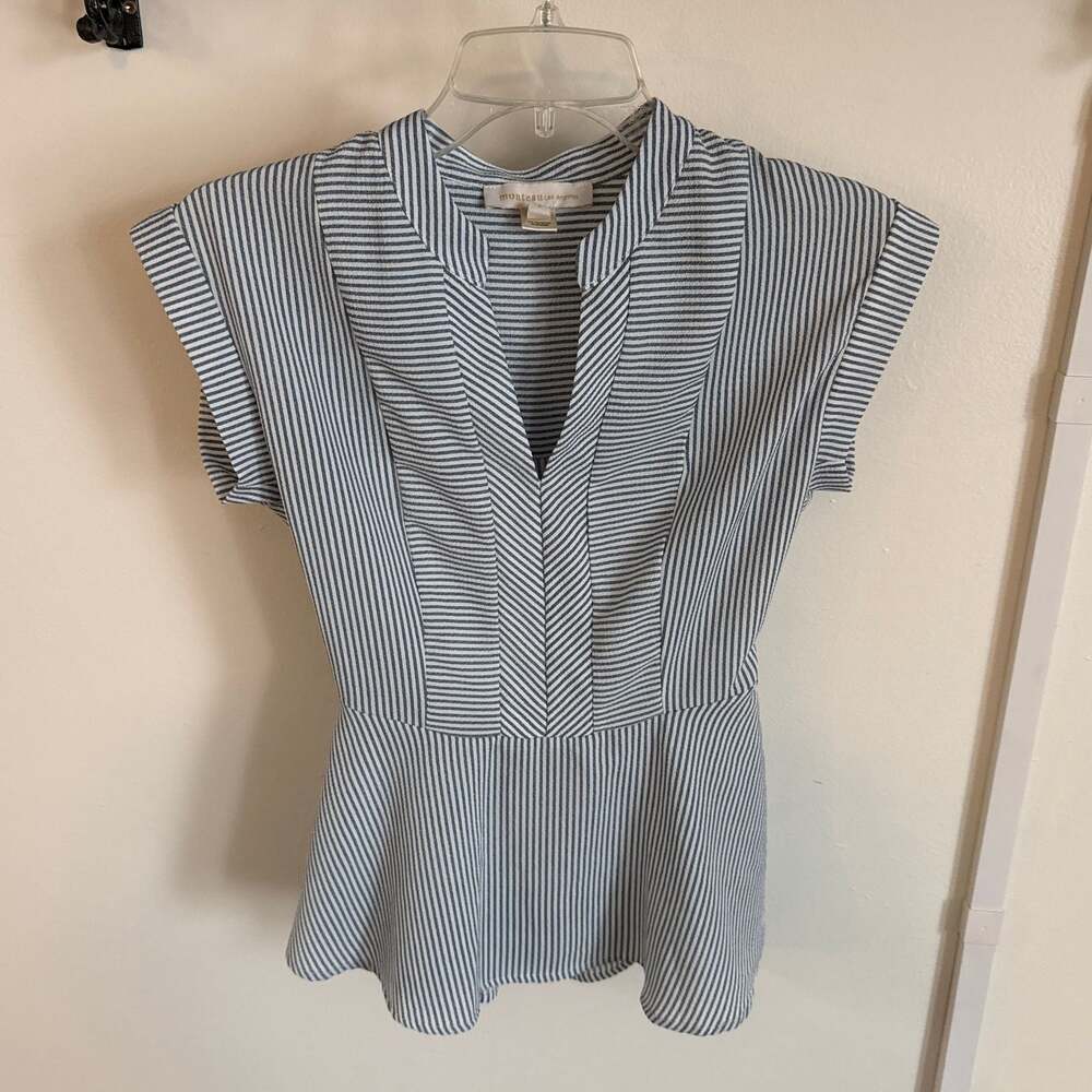 Monteau Los Angeles Blue and White Striped Peplum Cap Sleeve Blouse